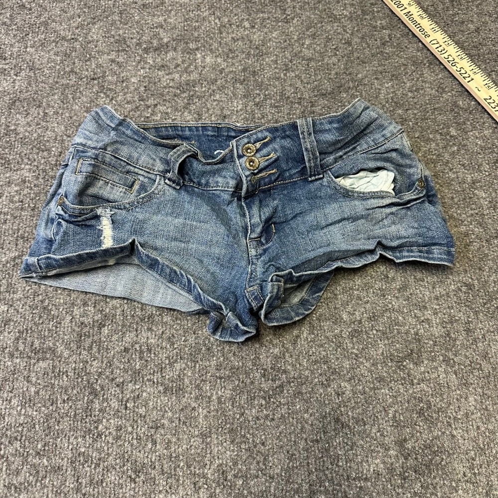 Lola Denim Shorts Womens Size 3 Blue Low Rise Distressed Mini Jean Shorts